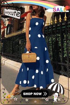 Women's Dresses Sling Polka Dot Print Sleeveless Dress Casual Polka Dot Sundress For Summer, Polka Dot Spaghetti Strap Vacation Dress, Polka Dot Sleeveless Summer Sundress, Casual Polka Dot Maxi Dress For Beach, Polka Dot Summer Dress With Spaghetti Straps, Polka Dot Summer Maxi Dress, Polka Dot Sundress For Spring Vacation, Summer Dress With Polka Dot And Spaghetti Straps, Spring Polka Dot Sundress For Vacation