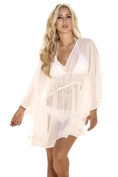 Sheer polyester chiffon beach or pool cover up in ivory or turquoise. - Long sleeve Grecian style - V-neck - Draw string waist with gold tone metal tie ends - Sizes: S(0-2), M(4-6), L(8-10), XL(12-14) - Made in Columbia - Free shipping Cheap Printed Beach Dress Cover-up, Cheap Green Beach Dress Cover-up, Cheap Halter Neck Beach Cover-up Dress, Cheap Beachwear Tops For Beach Cover-up, Cheap Beachy Beach Dress Cover-up, Cheap Summer Beach Cover-up Blouse, Affordable Sleeveless Beach Cover-up, Cheap Fitted Beach Party Cover-up, Cheap Summer Cover-up With Short Sleeves