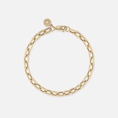 The EMBLM Chain Link Bracelet is an edgier take on this classic style. This bracelet makes for the perfect layering piece and is sure to stand out in your stack. 7" chain link 14k yellow gold Please allow 4-8 weeks for production Handmade in Los Angeles 14k Yellow Gold Bracelet With Cable Chain, Classic Jubilee Link Chain Bracelet, Classic Jubilee Chain Bracelet, Classic Link Bracelets With Solid Link Construction, Classic Chain Bracelet With Solid Link Construction, Classic Box Chain Link Bracelets, Classic Gold-tone Charm Bracelet, Luxury Everyday Bracelets With Box Chain, Timeless Gold Chain Bracelet