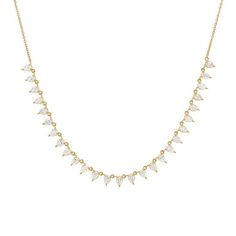 An elegant piece that can dress up any look, this tennis necklace features pear shape diamonds totaling 1.42 carats. Timeless Pear-shaped Diamond Necklaces, Dazzling Pear-shaped Necklace With 17 Jewels, Dazzling Pear-shaped Embellished Necklace, Timeless Teardrop Necklace With Brilliant Cut, Elegant Teardrop Necklace With Prong Setting, Pear-shaped Necklace With 17 Jewels, Timeless Teardrop Wedding Necklaces, Timeless Teardrop Necklace For Wedding, Timeless White Pear-shaped Necklace