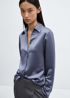 Satin buttoned shirt - Women | Mango USA Old Navy Satin Blouse, Satin Blouse Shirts Nordstrom, Silk Dress Shirt Women, Satin T Shirts, Plain Button Up Shirt Women, Cheap Zara Blouse For Work, Casual Satin Shirt, Satin Long Sleeve Button Up Shirt, Silk Womens Shirts