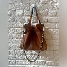 Brand New Michael Kors Camel Hobo Bag Elegant Cognac Bucket Bag For On-the-go, Luxury Brown Hobo Bag For Everyday, Everyday Cognac Shoulder Bag With Detachable Strap, Cognac Hobo Shoulder Bag For Shopping, Brown Soft Leather Bucket Bag For On-the-go, Cognac Hobo Bag For Shopping, Chic Camel Crossbody Shoulder Bag, Light Brown Shoulder Bag With Handles For Shopping, Luxury Caramel Everyday Shoulder Bag