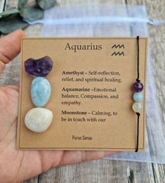 Welcome to Purus Sensa 💚  All of our crystals are hand picked for their quality & beauty.  Please message me any queries, as I'm always happy to help. The gift is designed so that the crystals can be removed safely from the card.  The set includes: 1x raw amethyst 1x aquamarine tumble 1x moonstone tumble 1x handmade gemstone bracelet / anklet  They will arrive in an organza gift bag, gift wrapped and packaged in 100% biodegradable packaging 🌏 There's an option at checkout to add a gift note wh Adjustable Healing Jewelry As A Gift, Adjustable Healing Jewelry Gift, Spiritual Crystal Bracelet With Birthstone As Gift, Spiritual Birthstone Crystal Bracelet For Gift, Adjustable Symbolic Crystal Bracelet For Gifting, Hypoallergenic Crystal Bracelet For Spiritual Gift, Adjustable Symbolic Crystal Bracelet Gift, Aquarius Gemstones, Crystals For Aquarius Zodiac