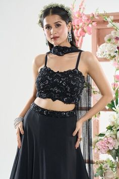 Black solid lehenga with an attached cancan, sequins, cutdana, bead work floral embroidered waistband. Comes with coordinating embroidered padded blouse and choker dupatta. - Aza Fashions Sleeveless Party Dress With Cutdana, Sleeveless Sharara For Navratri Party, Sleeveless Party Sharara For Navratri, Sleeveless Evening Lehenga With Dupatta, Festive Sleeveless Sharara For Party, Fitted Sleeveless Sharara For Party, Sleeveless Party Sets With Sheer Dupatta, Evening Sleeveless Set With Dupatta, Sleeveless Evening Lehenga For Diwali