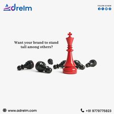 a red and black chess set with the words, want your brand to stand tall among others?