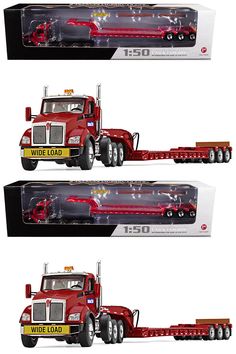 three different views of the front and back of a red semi - truck with trailer