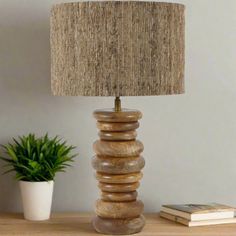 a lamp that is sitting on top of a table next to a potted plant