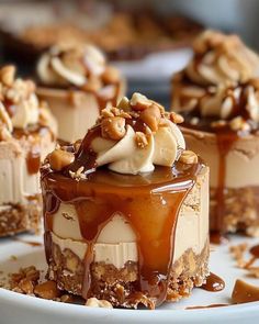 several desserts on a plate with nuts and caramel