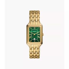 The rectangular Raquel watch is a new classic, updated for the current moment. Slim and versatile, this one-of-a-kind timepiece features a genuine malachite stone dial, three-hand date movement and a brushed and polished gold-tone 7-link bracelet. Trending Watches For Women, Gold Watches, Watch Trends, Fossil Watch, Malachite Stone, 2025 Vision, Three Hands, Yellow Gold Engagement Rings, New Classic