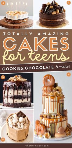 several cakes with chocolate and marshmallows on top are featured in this collage