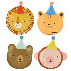 three animal shaped plates with hats on them