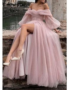 A-Line Prom Dresses Corsets Dress Formal Floor Length Long Sleeve Off Shoulder Tulle with Glitter Ruched Slit 2023 9354695 2023 – $154.99 Corset Dress Formal, Minimal Stil, Ben Ben, A Line Evening Dress, Corset Dress Prom, فستان سهرة, A Line Prom Dresses, Pink Tulle, Dresses Ideas