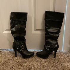 Never Worn Black Heel Boots With Silver Buckle. Long Boot Heels, Black Knee-high Heeled Boots With 4-inch Heel, Black Knee-high Boots With Reinforced Heel And Snip Toe, Y2k Boots, Black Punk Knee-high Boots With Buckle Closure, Black Knee-high Heeled Boots With Buckle Closure, Black Heeled Boots, Black Knee-high Boots With Zipper Closure, Plush Carpet