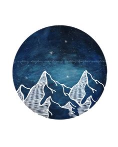 a blue circle with mountains and stars in the sky