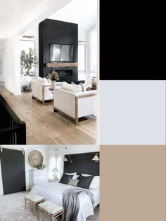 the interior of a living room with white furniture and black accents, along with neutral color palettes