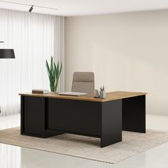 an office desk with a chair and potted plant