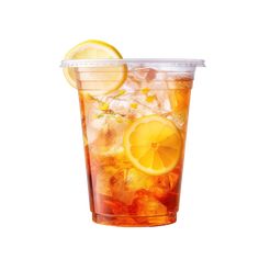 a plastic cup filled with ice and lemon slices