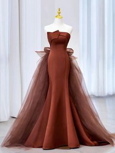 Sophisticated Brown Strapless Formal Dress with Tulle Detail Satin Long Prom Dress, डिजाइनर कपड़े, Prom Dress Mermaid, Long Gowns, Strapless Prom Dress, Satin Tulle, Dress Mermaid, فستان سهرة, Mermaid Evening Dresses