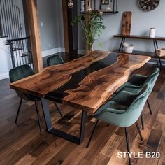 a wooden table with green chairs and a clock on the wall in the back ground