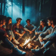 a group of young people sitting around a campfire in the woods at night time