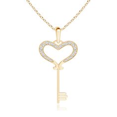 This adorable heart key pendant is designed with a touch of romance. Diamonds, encrusted on the open heart, dazzle in an intricate pave setting. Beautifully crafted in 14k yellow gold, this diamond key pendant embodies timeless glamour. Solitaire Diamond Pendant, Diamond Heart Pendant Necklace, Key Pendant Necklace, Heart Key, Heart And Key, Heart Shaped Diamond, Modern Necklaces, Pave Setting, Key Pendant