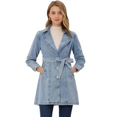 Add some elegance to your ensemble courtesy of this jacket that boasts a denim design and a long, flowing fit. It's cut with structured denim that has front pockets, a notched collar, and a belt at the waist. A wardrobe staple to see you through the season, it is an effortless look for any ensemble. Wear them on those tricky in-between-season days and pair them with straight-leg jeans and ankle boots. Chic Denim Blue Button-up Outerwear, Light Wash Denim Jacket With Buttoned Pockets For Fall, Single Breasted Denim Jacket With Lapel Collar For Fall, Lapel Collar Single Breasted Denim Jacket For Fall, Single-breasted Denim Jacket With Lapel Collar For Fall, Denim Outerwear With Lapel Collar For Fall, Chic Dark Wash Button-up Outerwear, Spring Chic Light Wash Outerwear, Chic Light Wash Outerwear For Spring