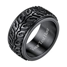 PRICES MAY VARY. Material: Made of stainless steel,black plated,non-deformable, and hypoallergenic. High polished on the surface, smooth and comfortable to wear. Engravable Creative car racer tire tread design,nice ring for men, women,and bikers.High polish smooth innerface,spin smoothly, perfect as a stress relief ring! Dimensions: 10mm(0.39 inch) Wide; Size from 7-12; Weight: about 11.4g Occasion: Suits for daily and perfect as a stress relief tool,brings you both personality and comfort. Gift Spinner Rings For Men, Band Rings For Men, Motorcycle Wedding, Rich Style, Black Pouch, Creative Car, Tire Tread, Car Racer, Cool Car