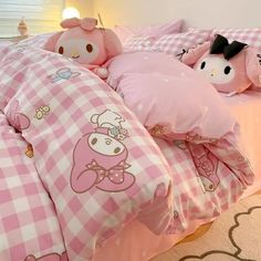 hello kitty bedding set with pink gingham checkered sheets and pillow cases