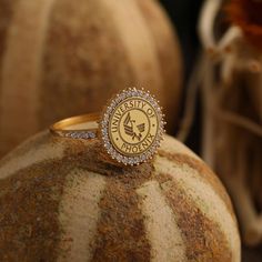 a close up of a ring on top of a pumpkin