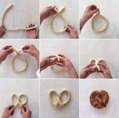 instructions for making pretzels with doughnuts and cinnamon buns on the table