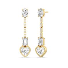 While these earrings are perfect for making a statement at parties and special events, their design is versatile, making them suitable for various occasions where you want to showcase your unique style.The heart-shaped diamonds at the ends of these earrings are the focal point, exuding romance and timeless charm. They symbolize love and passion, adding a touch of sentiment to the design. Elegant Double Heart Earrings For Party, Elegant Heart Cut Earrings For Anniversary, Elegant Single Heart Cut Earring, Classic Heart-shaped Diamond Earrings, Elegant Dangle Heart Earrings For Anniversary, Elegant Earrings With Diamond Accents For Valentine's Day, Elegant Diamond Heart Earrings For Valentine's Day, Elegant Heart Cut Diamond Earrings For Valentine's Day, Elegant Diamond Accented Earrings For Valentine's Day