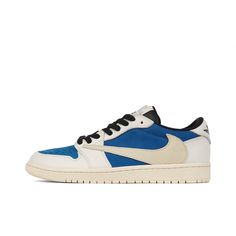 Challenge expectations and kick off your sneaker journey with the Blue&White Custom Low Air Jordan 1 x Travis Scott! This cool sneaker adds a bold new look to your collection with an eye-catching blue and white design. Now's your chance to show your style and stand out! 🔥 100% genuine, Brand New.👟 Custom sneakers.💫 Every pair is hand-made to order.✨ Best quality waterproof and scratch-proof paints used.✨ 1000+ satisfied customers across various platforms. 🌎Free worldwide shipping,shipping wi Blue Sporty Basketball Shoes With Vulcanized Sole, Sporty Blue Basketball Shoes With Vulcanized Sole, Blue Custom Sneakers With Vulcanized Sole For Sports, Blue Running Shoes With Vulcanized Sole And Round Toe, Urban Style Blue Custom Sneakers For Sports, Modern Blue Running Shoes With Cushioned Footbed, Urban Style Blue Custom Sneakers With Boost Midsole, Blue Basketball Shoes With Vulcanized Sole For Sports, Blue Running Shoes With Vulcanized Sole For Sports