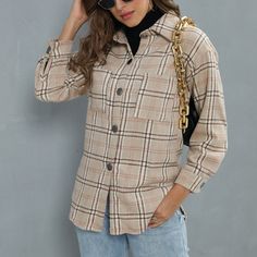 SPECIFICATIONS Pattern: Plaid Neckline: Lapel Style: Commute style Size: S,M,L,XL Style Type: Temperament commute Pattern Type: Collage/Stitching Fashion Element: Printing Material: Woolen Plaid Sleeve Style: Regular Sleeve Color: Khaki, Pink, Beige Sleeve Length: Long Sleeve Casual Polo Regular Sleeve Collar Plaid Single-breasted Women's Shirt Coat Fall Shirt With Lapel Collar, Shirt With Lapel Collar And Placket For Fall, Collared Beige Blouse For Fall, Beige Collared Blouse For Fall, Fall Beige Collared Blouse, Beige Single Breasted Long Sleeve Top, Fall Tops With Lapel Collar And Placket, Fall Long Sleeve Shirt With Buttoned Pockets, Beige Casual Collar Top For Fall