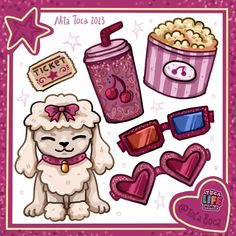 a pink and white dog with some items on it's back side, including a cup of coffee