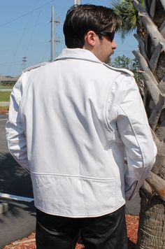 NOW UP TO SIZE 56 (5X). Classic style men's white leather jacket with inside chest concealed pocket hidden inside the left chest. This men's white motorcycle jacket is also ideal for tall women. A white biker jacket with a quilted lining for cool weather riding, snap down collar, zip front pockets to keep the stuff in, zip cuffs to keep the wind out, small flap lighter pocket, and best of all, it's made from durable yet soft white cowhide leather. If you want to ride a little cooler (vs wearing black) this is the jacket for you. Concealed carry pocket has barrel loop inside to keep your protection handy and in place. Sizes: 38, 40, 42, 44, 46, 48, 50, 52, 54, 56. +$10 for 48-52 +$20 for 54-56. [6#] concealed pocket on left chest snap down collar zip front pockets (3) zip cuffs quilted lini White Long Sleeve Biker Jacket For Motorcycling, White Leather Jacket For Streetwear In Fall, White Leather Jacket For Fall Streetwear, White Long Sleeve Biker Outerwear, White Moto Outerwear For Streetwear, White Winter Outerwear For Biker Events, Casual White Leather Winter Jacket, Casual White Leather Jacket For Winter, White Long Sleeve Biker Jacket For Winter