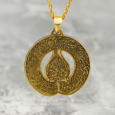 Crafted for the discerning Muslim woman, the Diwani Ayatul Kursi Necklace is a true masterpiece of Islamic jewelry. Made from high-quality 925 sterling silver and elegantly plated with 18K gold, this pendant is a blend of sophistication and faith. The intricate design featuring the Ayatul Kursi from the Quran adds a spiritual touch to any outfit. Whether worn as a daily reminder of faith or as a special gift, this necklace embodies both style and devotion. Elevate your jewelry collection with th Amulet Style Engraved Necklace For Anniversary, Engraved Amulet Necklace For Anniversary, Spiritual Polished Wedding Necklaces, Amulet Necklace With Polished Finish For Anniversary, Symbolic Intricate Design Necklace For Gift, Traditional White Gold Necklace As A Gift, Traditional Polished Wedding Necklace, Traditional Medallion Necklace With Polished Finish, Traditional Round Necklace With Polished Finish