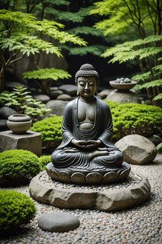 a buddha statue sitting in the middle of a garden with rocks and plants around it