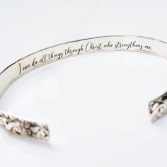 "Details: - one 1/4\" width solid sterling silver cuff bracelet engraved with a floral motif on the outside - your choice of wording on the inside (45 Characters or less) - your choice of size (small or medium....Medium is the most common size) - all cuffs can be adjusted with steady pressure to be made tighter or looser ~DON'T FORGET TO GRAB A SUNSHINE POLISHING CLOTH: https://www.etsy.com/listing/469627127/sunshine-cleaning-cloth-for-jewelry?ref=shop_home_active_1 CHECK OUT MY ENTIRE SHOP! htt Secret Message Bracelet, Engraved Cuff, Message Bracelet, Silver Gold Jewelry, Cuff Jewelry, Sterling Silver Cuff Bracelet, Sterling Silver Cuff, Anniversary Gift For Her, Silver Cuff