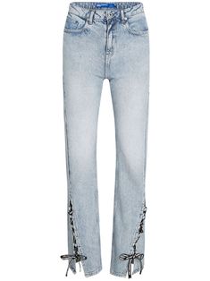 Find KARL LAGERFELD High-rise Lace-up Jeans on Editorialist. blue organic cotton denim light wash appliqué logo mid-rise belt loops concealed fly and button fastening classic five pockets straight leg lace-up ankles This item is made from at least 50% organic materials. Learn more about what makes a product Conscious on our Conscious Criteria page Wardrobe Edit, Exclusive Fashion, Denim Jumpsuit, High Jeans, Karl Lagerfeld, Jacket Tops, Denim Dress, Clothes For Sale, Blue Jeans