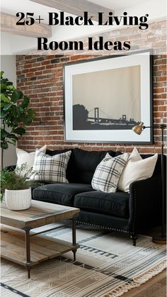 This industrial-style living room combines the rugged charm of exposed brick walls with the elegance of a black sofa adorned with white and plaid pillows. The rustic wooden coffee table adds a touch of farmhouse appeal, perfectly complementing the room�s urban aesthetic.� Black Sofa Decor, Elegant Living Room Ideas, Black Living Room Ideas, Black Sofa Living Room Decor, Black Sofa Living Room, White Sofa Living Room, Room Ideas Dark, White Sectional Sofa, Plaid Pillows