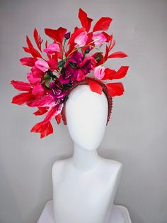 Gorgeous Kentucky Derby hat fascinator  kentucky derby hat fascinator red wine roses with pink white ombre flowers and large red feathers on red beaded crystal headband  headband attachment  each hat is totally one of a kind! no two are alike! I can probably add feathers, flowers etc to existing hats for a small fee. I cannot remove anything from existing hats. Just message me and see if we can make it work! :) I cannot make custom order from scratch. My schedule is unfortunately too crazy :( *All hats are sold as displayed. No returns do to nature of product (headwear) Of course do not hesitate to contact me with any issues :) NO RETURNS OR EXCHANGES. Please make sure you are this matches your outfit before purchasing!! I am happy to help!! Please ask any questions before purchasing Luxury Red Fascinator, Red Feather Headpiece For Kentucky Derby, Red Feathered Headpiece For Kentucky Derby, Red Feathered Summer Headpiece, Red Fitted Feather Headpieces, Red Headpieces With Handmade Flowers For Evening, Fitted Red Feathered Headpieces, Red Headband Headpieces For Carnival, Red Evening Headpiece With Handmade Flowers