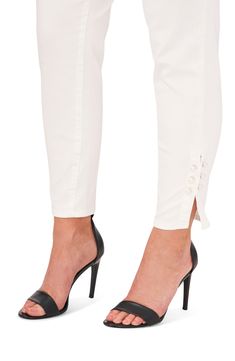 Pearly beads accentuate the ankle slits of these slightly cropped straight-leg jeans. 27 1/2" inseam Cotton/polyester/viscose/spandex Machine wash, line dry Imported Pearl Jeans, Straight Leg Ankle Jeans, Comfy Flats, Jeans With Heels, Ultra White, Hem Jeans, Skirt Belt, Embellished Top, Plus Size Jeans