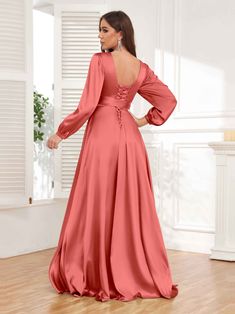 Gia Chic A-Line Pleated Long Sleeves Satin Formal Dresses Long Sleeve Satin Dress, Gia Dress, Satin Formal Dress, Classy Dress Outfits, Bridesmaid Robes, High Quality Dress, Gowns Of Elegance, Muslimah Fashion, Stretch Satin