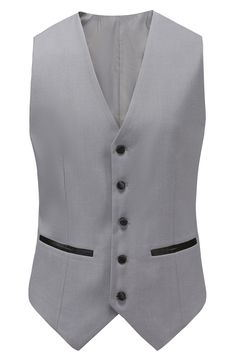 Bring understated elegance to the table in this three-piece tuxedo crafted from rich fabric in a classic single-breasted silhouette. Jacket has notched lapels; chest welt pocket; front welt pockets Vest has front button closure; V-neck Pants have zip fly with button closure; front slant pockets; back button-welt pockets Jacket and vest are lined; trousers are lined to the knee 65% polyester, 35% viscose Dry clean Imported Each suit has a 6” drop, meaning that a size 38R jacket is paired with siz Modern Fitted Vest For Formal Occasions, Elegant Semi-formal Vest With Hidden Button Closure, Elegant Semi-formal Vest, Tailored Single Button Vest For Semi-formal Occasions, Elegant Fitted Single Breasted Three-piece Suit, Elegant Fitted Single-breasted Three-piece Suit, Elegant Fitted Three-piece Single Breasted Suit, Elegant Sleeveless Three-piece Suit For Semi-formal Occasions, Elegant Tailored Tuxedo With Flat Front