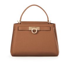 PARISA WANG® | Medium Top Handle Bag – Parisa New York Timeless Satchel With Turn-lock Closure And Double Handle, Chic Cognac Textured Leather Satchel, Modern Brown Bag With Turn-lock Closure, High-end Satchel With Turn-lock Closure, Chic Cognac Shoulder Bag With Turn-lock Closure, High-end Bags With Turn-lock Closure For Everyday Use, High-end Top Handle Bag With Turn-lock Closure, Timeless Satchel With Gold-tone Hardware, Timeless Textured Leather Satchel For Office