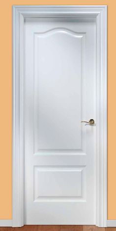 an open white door with a handle on the front and side panels, against a yellow wall