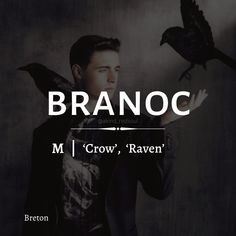 a man holding two black birds in his right hand and the words branoc above him