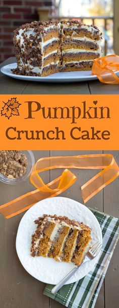 two slices of pumpkin crunch cake on white plates with orange ribbons around the edges and an orange ribbon