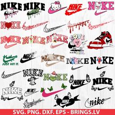 some different types of nike logos on a wooden background with the words swg png dxf eps - brings lv