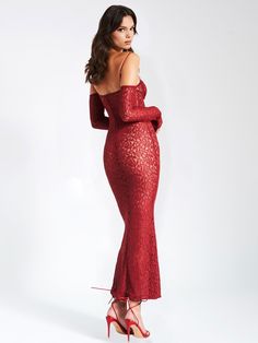 Flaunt your curves in this sexy and stylish sister to our beloved Veronica Lace Maxi Dress. With a slight mermaid silhouette, monowire at bust, and small tie ribbon, you're sure to make an impression wherever you go! The added bonus of lace trim and off-shoulder sleeve with a flare makes this dress the perfect choice for any special occasion or night out. An invisible zipper is located at the center back of the garment for easy closure. Feel empowered and beautiful strutting your stuff in this s Tie Ribbon, Feel Empowered, Tie Dye Jumpsuit, Duchess Satin, Burgundy Lace, Lace Long Sleeve, Maxi Dress Cocktail, Mermaid Silhouette, Sparkly Dress